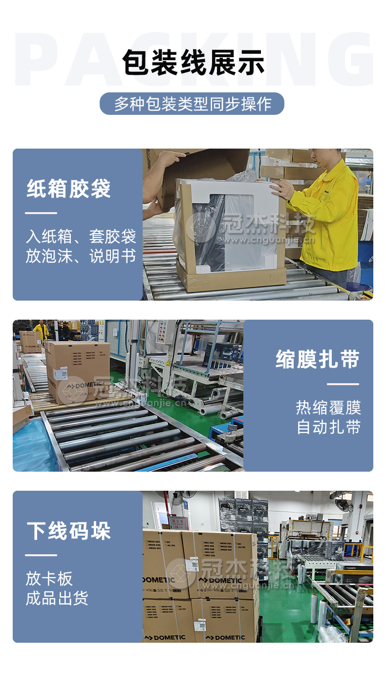 12多美达移动冰箱总装线详情页-包装线展示(入纸箱、套胶袋、放泡沫、说明书等,热缩覆膜/自动扎带,下线人工码垛) 12多美达移动冰箱总装线详情页-包装线展示(入纸箱、套胶袋、放泡沫、说明书等,热缩覆膜/自动扎带,下线人工码垛)